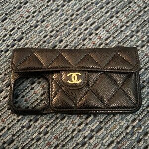 Chanel Black Quilted Phone Case with Gold Logo